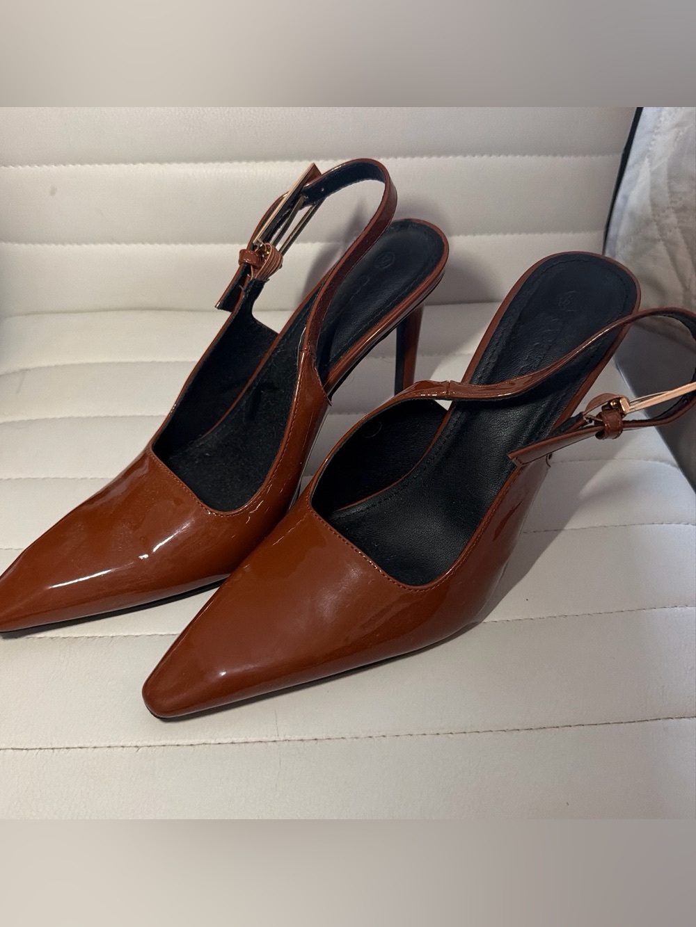Patent Brown Pointed-Toe Slingback Heels
